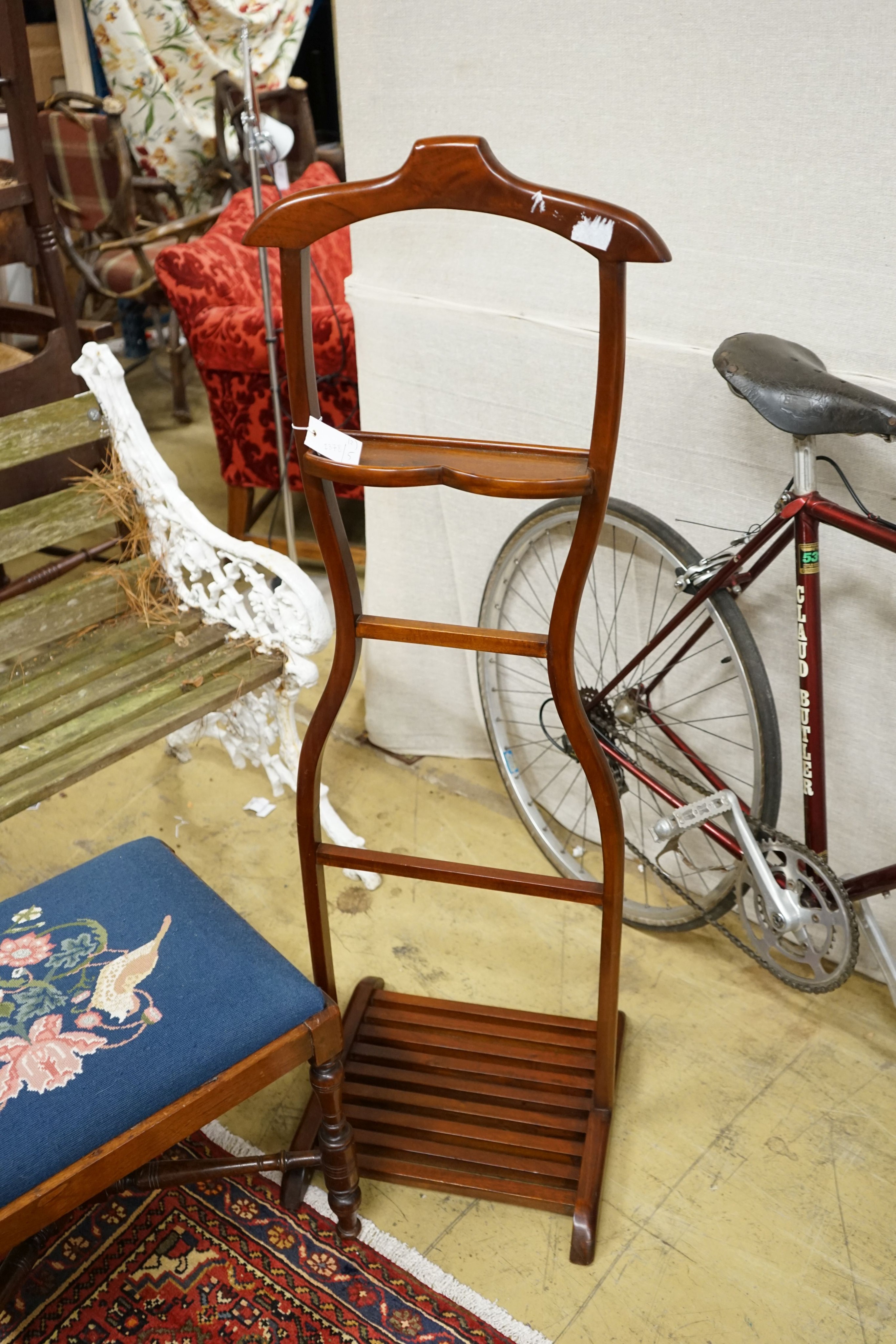 A late Victorian mahogany dressing stool and a modern dumb valet